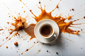 Coffee cup with splashes and drips on white background