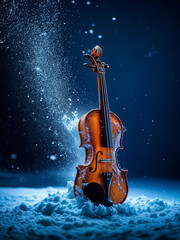 Fototapeta premium Violin in the snow. The violin floats in streams of snowflakes