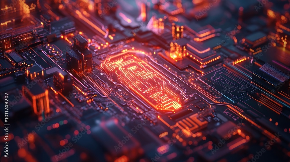 Poster a close-up view of a futuristic circuit board with glowing elements and intricate designs.