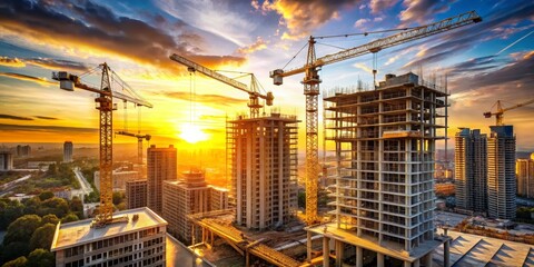 Aerial View of Construction Site with Cranes and Buildings at Sunset, construction, skyline, development,