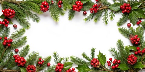 Christmas Evergreen and Berry Frame, White Background, Holiday Decoration, Festive Border, Christmas Decor, Christmas, Holiday