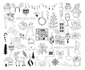 Christmas doodle vector set, winter holidays illustration in line drawing style, hand drawn festive elements of Christmas holidays celebration