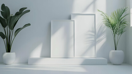Minimalist White 3D Render of a Modern Interior with Frames and Plants