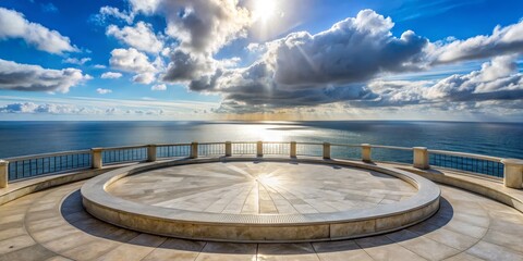 Elevated View of Circular Platform Overlooking the Ocean with Sun Rays Breaking Through Clouds, seascape , architecture, landscape