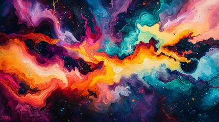 A burst of bright colors that looks like a spectacular event in space, with swirling and flowing shapes.