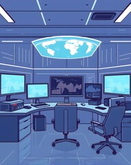 Futuristic Command Center with Global Monitoring Display.