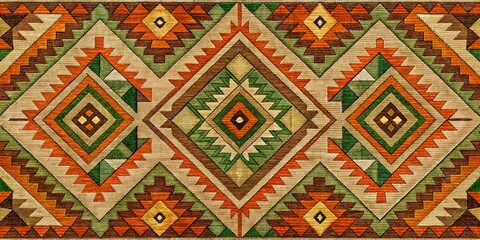 Geometric Tapestry Pattern in Green, Orange, and Brown, Ethnic Rug Design, Woven Textile, Tribal Art, Geometric Pattern