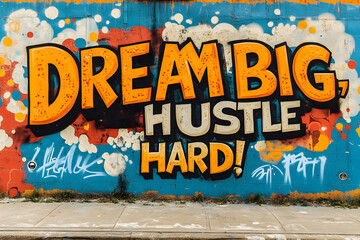 Fototapeta premium graffiti wall abstract background photo pop art backdrop colorful wallpaper Dream Big Hustle Hard