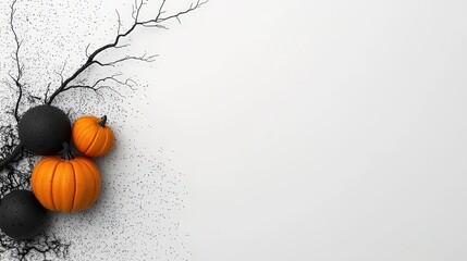 Pumpkins and branches on a white isolated background, perfect for autumn themes.