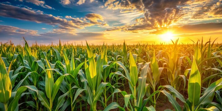 Golden Hour Cornfield, Close-up, Sunset, Lush Green, Agriculture, Corn, Field - Powered by Adobe