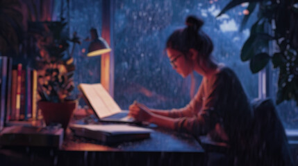 Fototapeta premium blurred interior of teenager's anime room with girl doing her homework