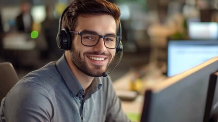 Obraz premium Cheerful customer service representative wearing headset and glasses smiles at camera, showcasing positive attitude in modern office environment.