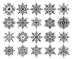 Set of snowflakes different shapes and silhouettes