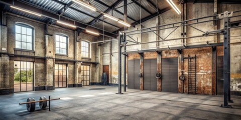 Industrial Gym Interior with Exposed Brick Walls and Concrete Floor, Wide Angle, Concrete Floor, Rusty Walls, Industrial Gym ,workout ,gym space