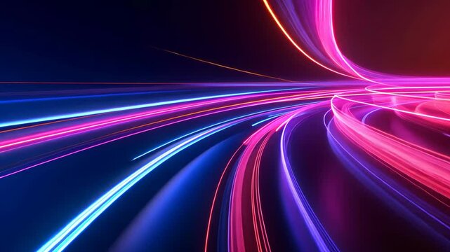 Blue, pink, and orange light streaks create a dynamic pattern against a dark background