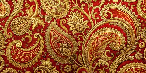 Intricate Gold Paisley Design on Red Fabric, Floral Pattern, Embroidered Texture, Silk , Paisley, Fabric