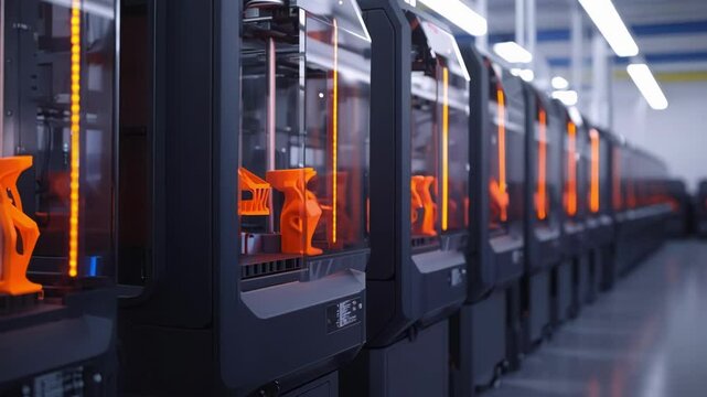 Numerous 3d printers are hard at work in a factory. Meticulously printing orange prototypes of an object. Showcasing the precision of modern manufacturing technology in an illuminated