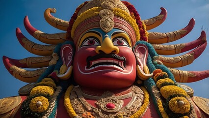 Obraz premium A giant effigy of Ravana, decorated in colorful attire and ready for burning, against a plain blue sky background, symbolizing the victory of good over evil.