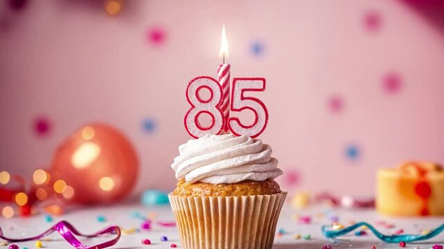Birthday cupcake with burning lit candle with number 85. Number eighty-five for eighty-five years or eighty-fifth anniversary.