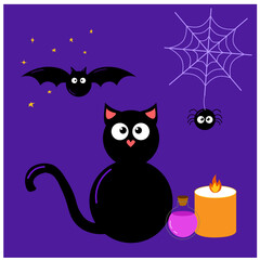 Black cat spider and bat, candle and potion Halloween dark composition. Hand drawn scary illustration in cartoon style. Isolated drawing perfect for autumn graphic and spooky season card designs.
