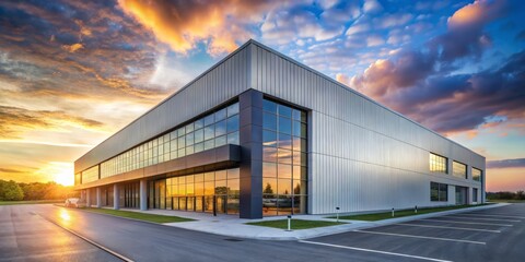 Obraz premium Modern Office Building with Sunset Reflection in Windows, Wide Angle, Architecture, Commercial Building, Real Estate