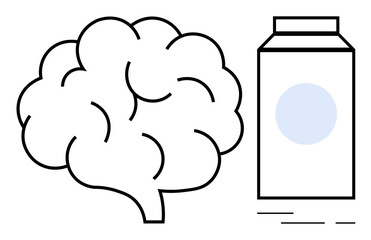 A brain and a milk carton drawn with simple lines. Ideal for nutrition, brain health, education, science communication, and cognitive development themes. Clean minimalist style