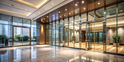Obraz premium Modern Office Building Entrance with Glass Doors and Shiny Floors, Architecture , Interior Design , Commercial Building