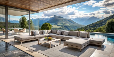 Fototapeta premium Modern Patio with Mountain View and Swimming Pool, Patio Furniture, Outdoor Living , Mountain View, Poolside