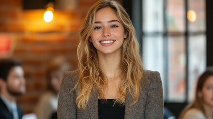 Fototapeta premium Smiling young professional woman standing in a casual business setting with a warm expression