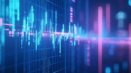 Fototapeta premium Macro close-up of a stock market investment trading chart displayed in blue, analyzing data with candlestick graphs, Ai