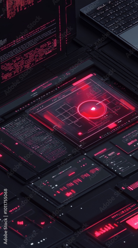 Poster futuristic cybersecurity interface with glowing red displays and digital graphs on dark background, 