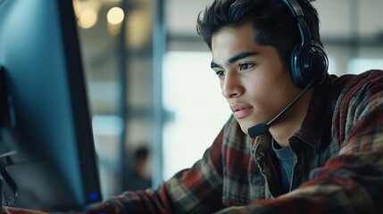 Young man in plaid shirt and headset intently focused on computer screen, working late in dimly lit office environment with city lights visible outside.