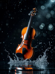 Fototapeta premium Violin is gracefully adorned with water droplets against a vibrant black background, creating a stunning visual contrast