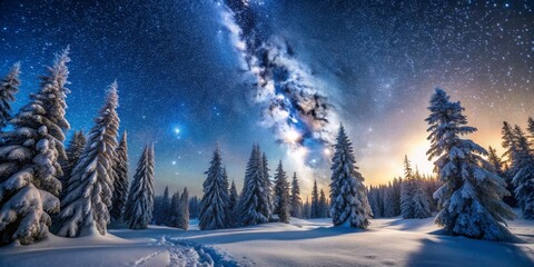 Fototapeta premium Snow-Covered Forest under Milky Way at Dawn, Winter Wonderland, Milky Way Photography, Night Sky, Snow, Forest,