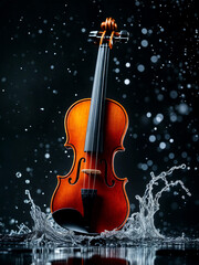 Fototapeta premium Violin is gracefully decorated with water droplets against a striking black background, creating a stunning visual contrast