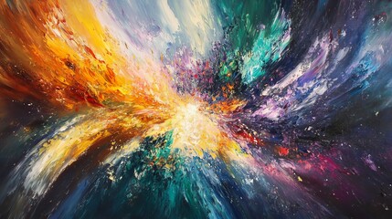 A colorful, swirling painting that looks like a burst of light and color in space.