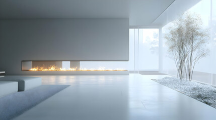 Modern Minimalist Living Room Interior Design with Fireplace and Large Windows - 3D Illustration