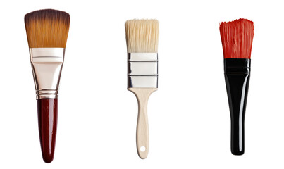 Set of three paintbrushes with different handles and bristles isolated on a white background, transparent background.