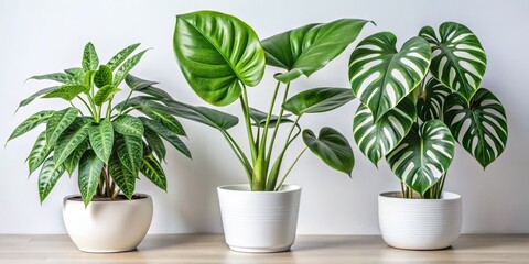 Obraz premium Three Potted Plants with White Pots Against a White Wall, Indoor Plants, House Plants, Green Plants, Greenery, Houseplant Decoration, Home Decor