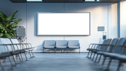 A modern waiting area with empty chairs, a large screen, and medical equipment.