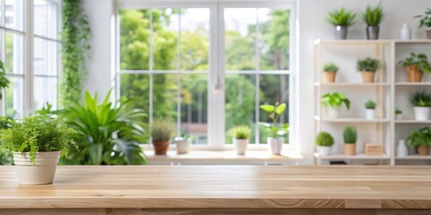 Wooden Tabletop with Green Plants and Window View, Indoor, Table, Home ,wood, plant