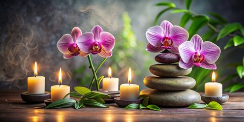 Zen Spa Still Life Orchids, Stones, and Candles, Wellness, Relaxation, Meditation, Spa