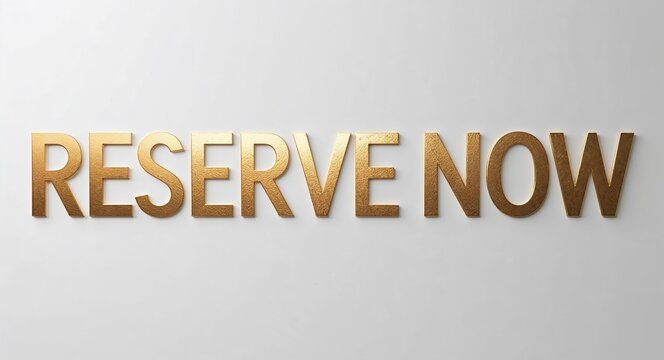 Reserve now word lettering gold hue elegant concept on plain white background