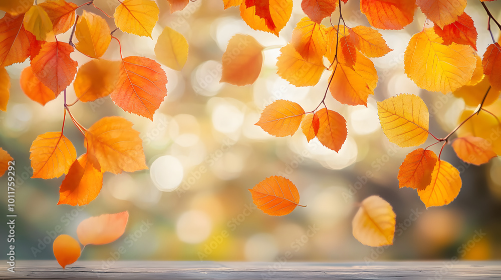 Wall mural Bright orange and yellow leaves falling against a soft focus autumn background, autumn, fall, foliage, leaves, orange