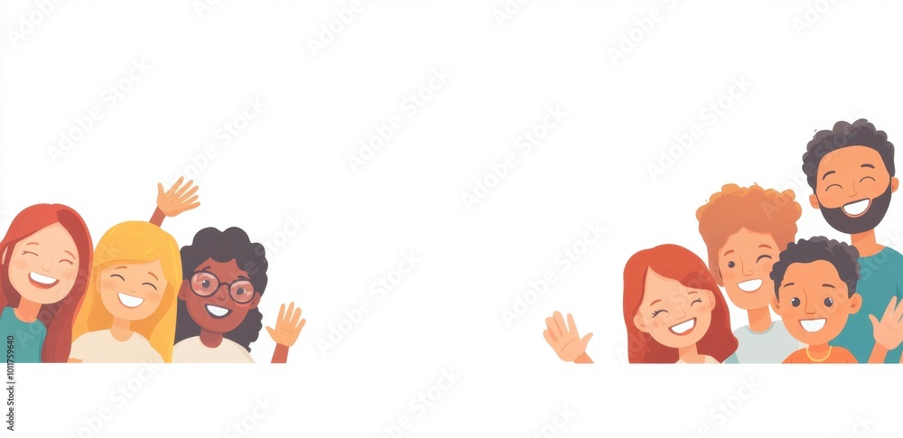 Poster set of smiling people peeking out from the edges, waving and looking at the camera, isolated on a wh