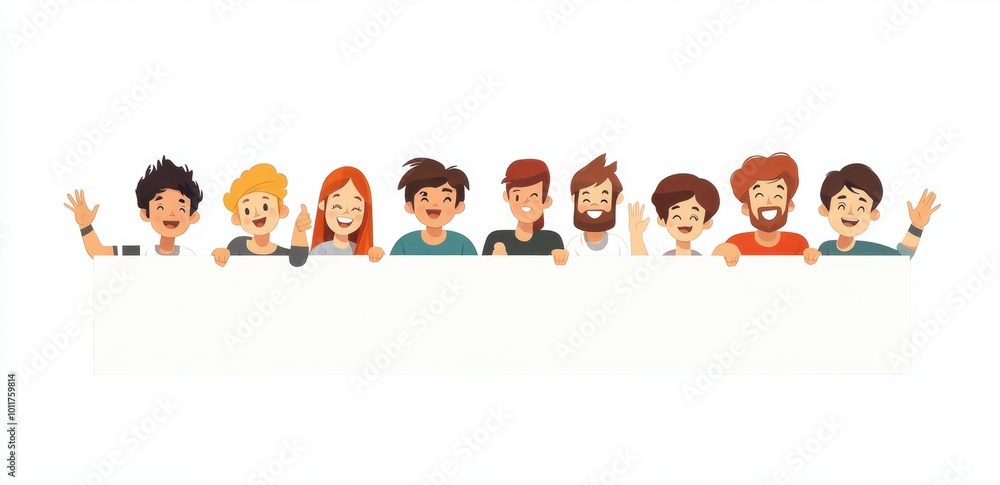 Poster flat illustrations of people peeking out from behind white squares, smiling and waving at the camera