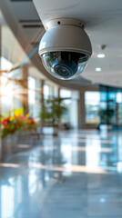 Surveillance camera on wall in modern building, background