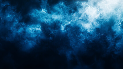 Fototapeta premium Realistic thunder light and blue smoke cloud bottom frame. Mysterious lightning glow border wide panoramic element. Fluffy magic spell mist glowing with bolt energy charge overlay turquoise design, Ai