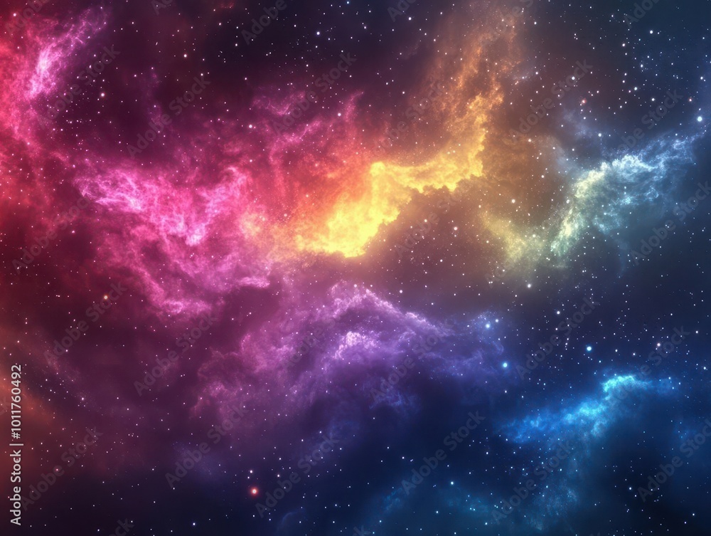 Poster kaleidoscopic light beams piercing through cosmic dust, creating a mesmerizing aurora effect. deep s
