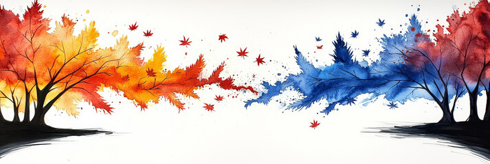 Obraz premium Watercolor painting of two trees, one with red and orange leaves, the other with blue leaves, against a white background.